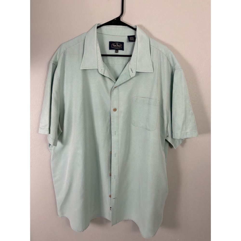 Nat Nast Shirt Mens 2XL Green Silk Cotton Short Sleeve Camp Button Front Casual